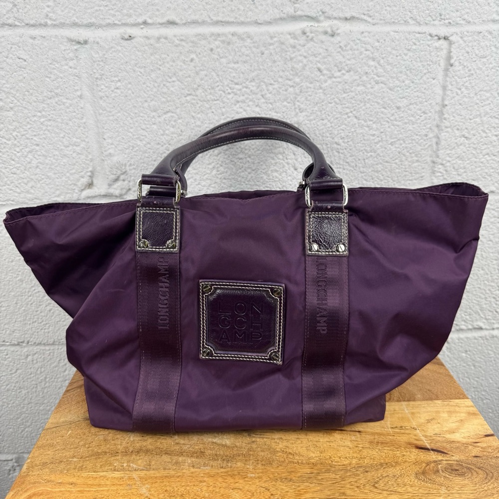Longchamp Plum Nylon & Leather Tote Bag Large Travel Shoulder Bag